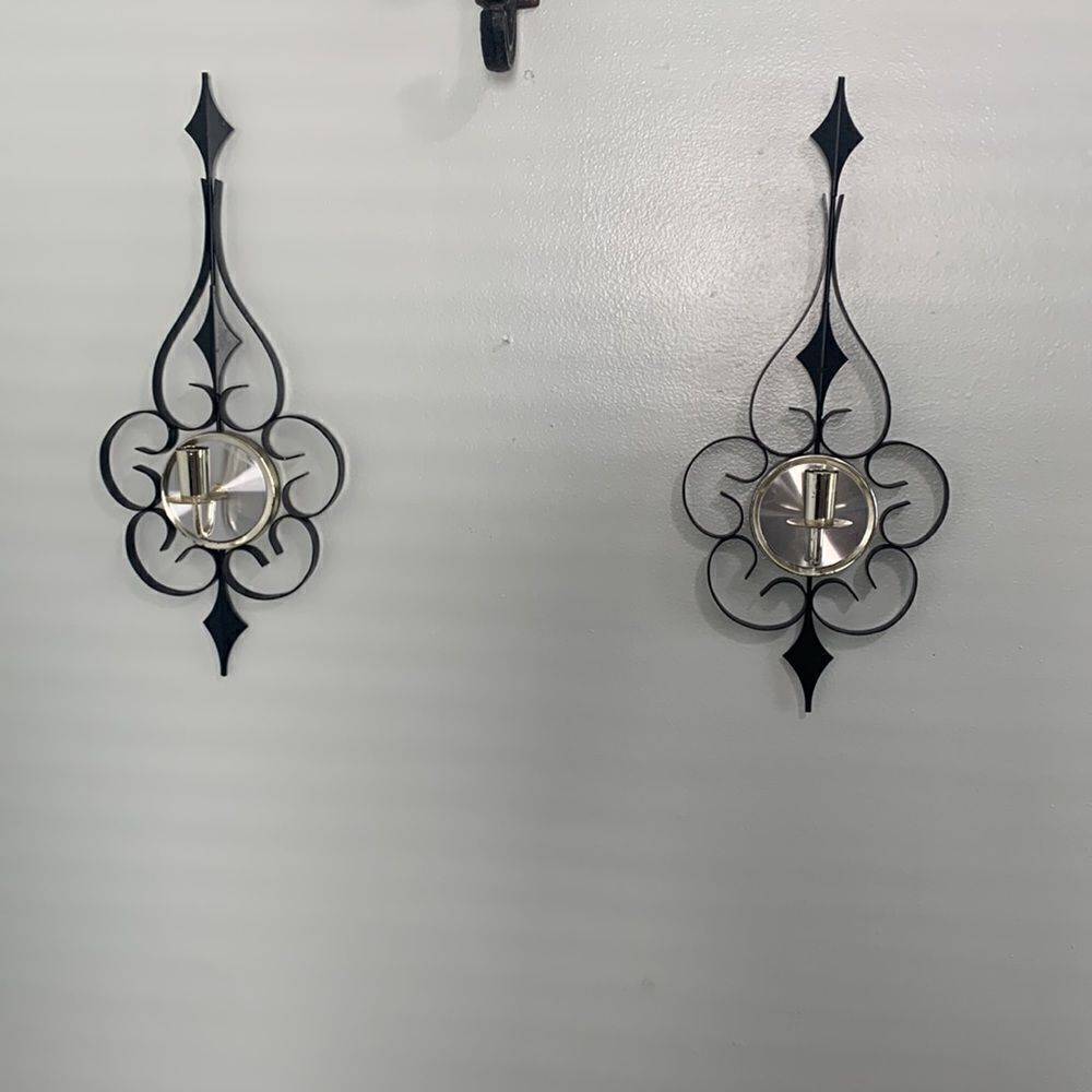 Mid-Century Style Vintage Black Metal Gothic Scroll Candle Sconces Wall Decor